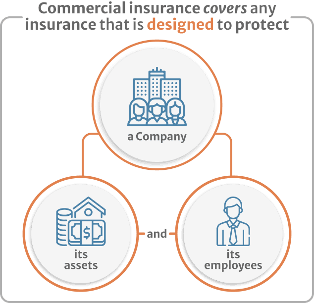Infographic of Commercial insurance covers any insurance that is designed to protect a company its assets and its employees