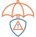 Insurance protection umbrella and warning shield icon