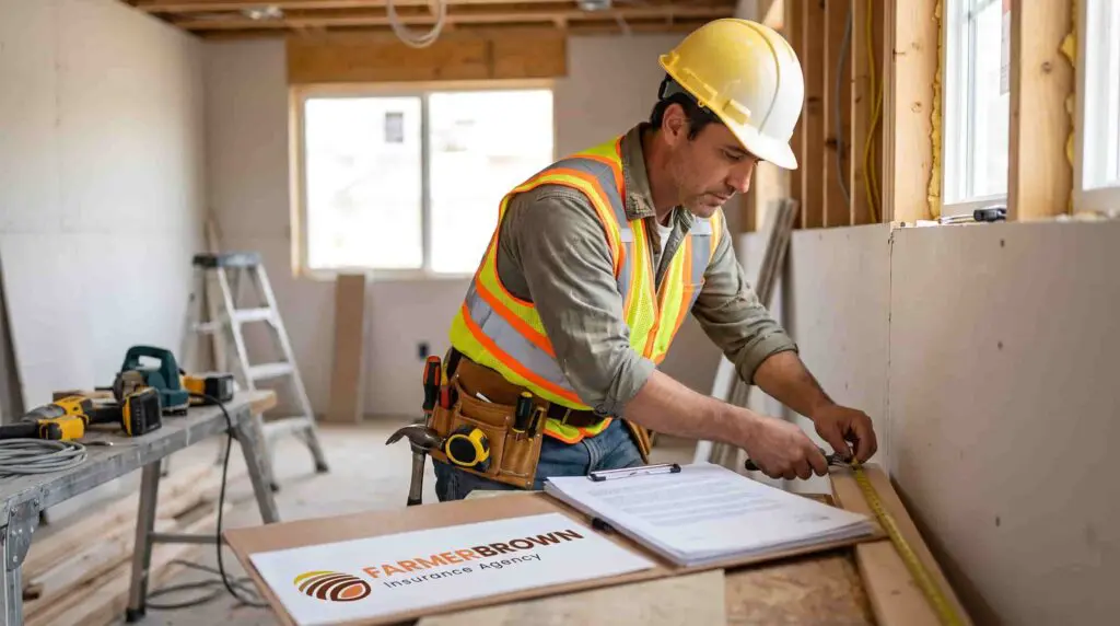 Cheap general liability insurance for small contractors in 2026: contractor in a hard hat measuring drywall on a job site