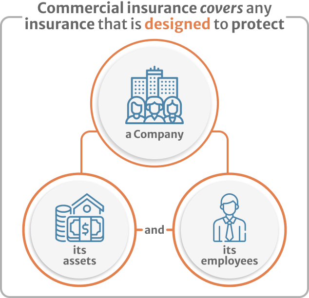 Infographic of Commercial insurance covers any insurance that is designed to protect a company its assets and its employees