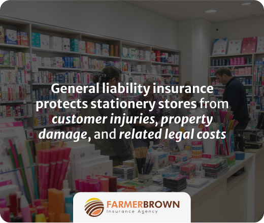 General liability insurance protects stationery stores from customer injuries, property damage, and related legal costs