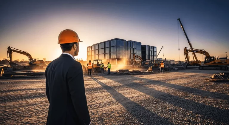 Construction business owner standing at a large construction site overseeing project operations