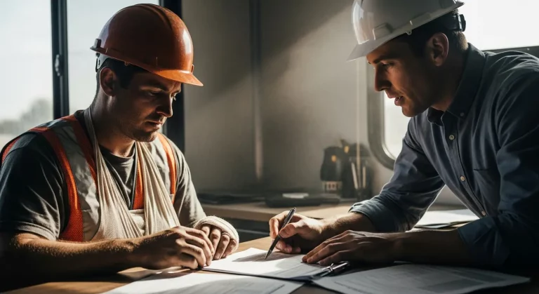Construction worker with an injured arm reviewing workers' compensation documentation with a safety supervisor