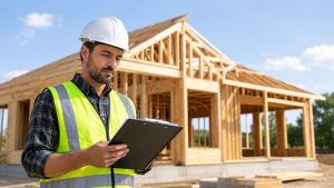 Contractor wearing a hard hat and safety vest reviewing paperwork at a residential construction site.